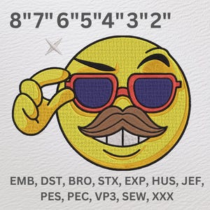 Cool Emoji Embroidery Design, Smiley Face with Sunglasses & Mustache, Funny Summer Machine Embroidery File, 7 Sizes, Instant Download
