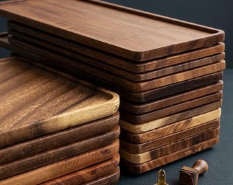 Bandeja rectangular de madera de acacia natural – Decoración minimalista moderna de estilo rústico.