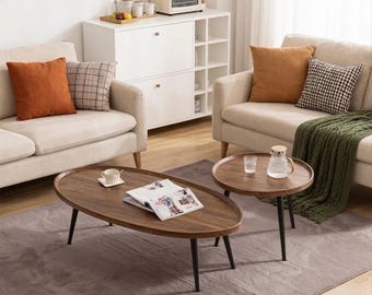 Mid Century Modern Nesting Coffee Tables, Walnut Finish Oval Side Tables