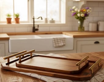 Carved Wooden Leaf Serving Tray, Japandi Minimalist Decor, Walnut Finish Breakfast Tray