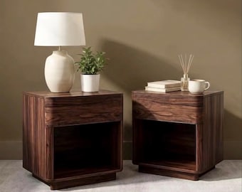 Modern Walnut Nightstand Set – Mid-Century Wood Bedside Table with Drawer, Charging Station
