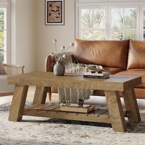 Mesa de centro rústica de madera, mesa auxiliar de dos niveles estilo granja, muebles minimalistas para sala de estar.
