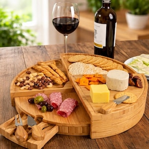 Puede incluir: Una tabla de quesos de bambú con un diseño semicircular y escalonado. Contiene galletas, queso, nueces, salami, aceitunas y palitos de pan. Una copa de vino y una botella de vino también están presentes, sugiriendo un tema de vino y queso.
