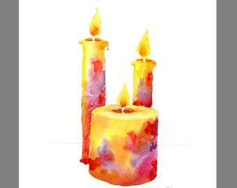 Candles Red and Yellow watercolor ~ Original watercolor painting of three lit candles with glowing flames