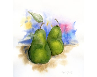 Pears with a Leaf original painting ~ Watercolor and acrylic still life of two pears