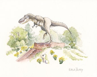 T-Rex in the Gardens watercolor ~ Original watercolor painting of a display in the Denver Botanic Gardens