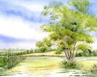 Tree Field watercolor landscape ~ Original watercolor painting of a tree near a farmer's field.