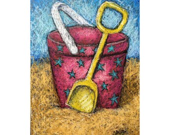 Pink Sand Pail original oil pastel painting ~ Beach scene with a pink sand bucket and yellow shovel ~Summertime fun!