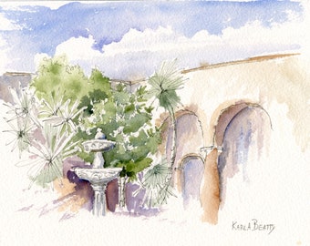 Institute Allende original watercolor painting ~ Mini-painting of the courtyard in San Miguel de Allende plein air painting