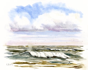 Ocean waves watercolor painting ~ Original watercolor of sea waves breaking ~ Sea green colors of summer