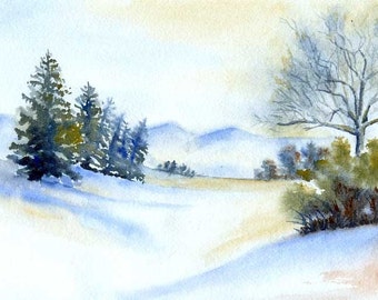 Chilly Morning Blues ~ Winter Snow Watercolor ~ Seasonal Landscape ~ Original painting of a snowy landscape scene in watercolors.