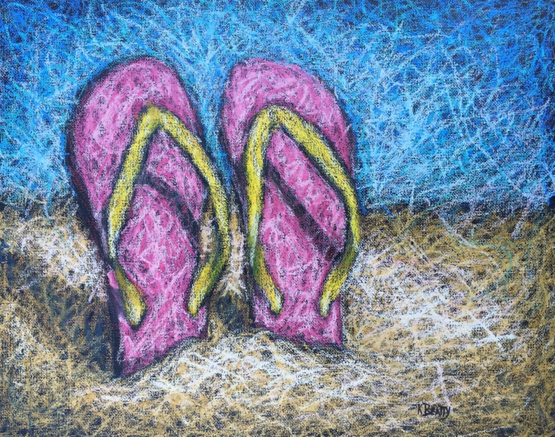 Pink flip flops on a beach Beach scene in oil pastels on canvas image 1