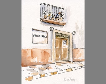 Street Scene original watercolor painting ~ Mini-painting of Tienda de Fabrica shop in San Miguel de Allende ~ en plein air