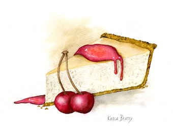 Cheesecake and Cherries watercolor painting ~ Original still life painting of a slice of cheesecake with two cherries