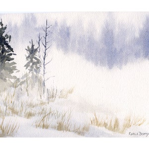 Cold Winter watercolor painting ~ Original watercolor landscape painting ~ Winter scene with pine trees