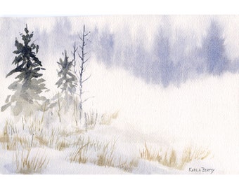 Cold Winter watercolor painting ~ Original watercolor landscape painting ~ Winter scene with pine trees