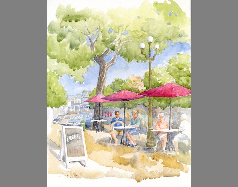 Ocean Grove Red Umbrellas watercolor painting Original watercolor of a Main Avenue Cafe Down the Jersey Shore image 1