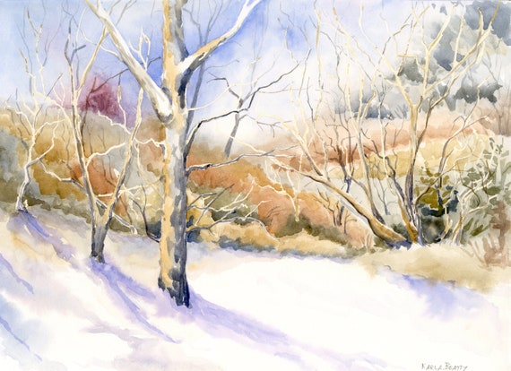 Winter Trees Watercolor Landscape Original Painting of Trees | Etsy