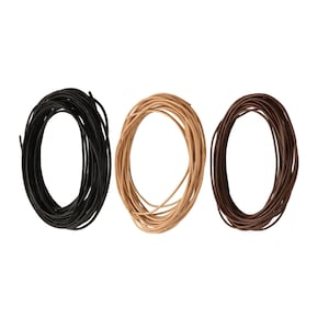 May include: Three coils of leather cord in black, tan, and brown. The cords are tightly wound, with a smooth, consistent texture. The image is set against a plain white background, highlighting the colours and textures of the cords.