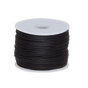 May include: A spool of black cord wrapped around a white plastic cylinder. The cord is thin, smooth, and tightly wound in multiple layers around the center of the spool, which features flat white circular ends with a hole in the middle.