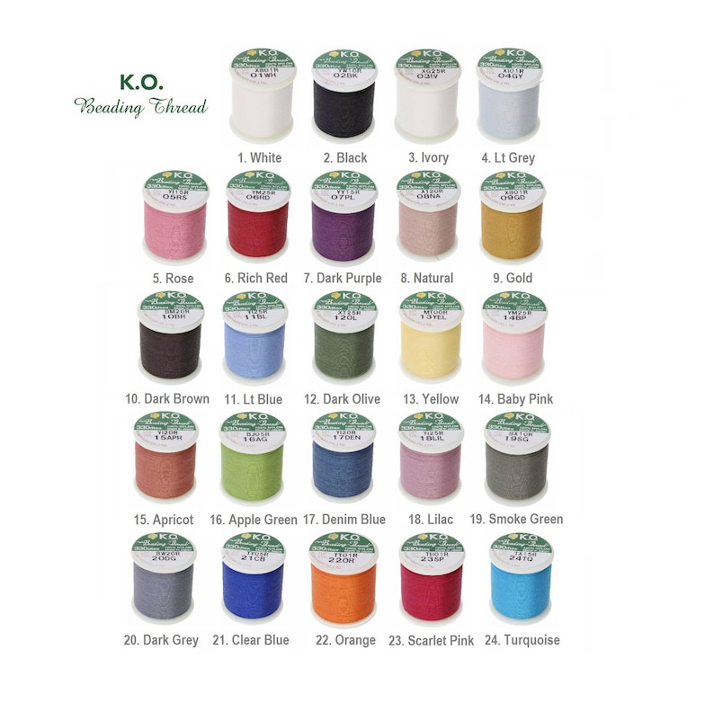 May include: A color chart of 24 spools of K.O. Beading Thread. The spools are arranged in four rows of six spools each. Each spool is labeled with a number and the color name. The colors include white, black, ivory, light grey, rose, rich red, dark purple, natural, gold, dark brown, light blue, dark olive, yellow, baby pink, apricot, apple green, denim blue, lilac, smoke green, dark grey, clear blue, orange, scarlet pink, and turquoise.