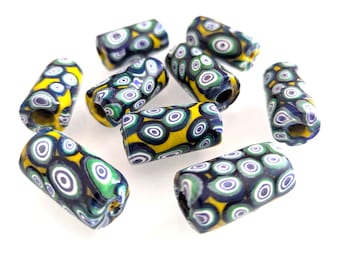 Millefiori Java Trade Beads Zylinder 12-15 x -24-27 mm Gelb, Grün und Weiß Mischfarben