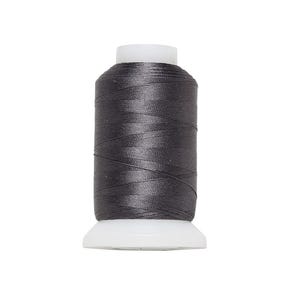 May include: A spool of dark gray thread with a white base and top. The thread is tightly wound around the spool, creating a cylindrical shape. The thread has a slight sheen, reflecting light. Ideal for sewing and crafting projects.