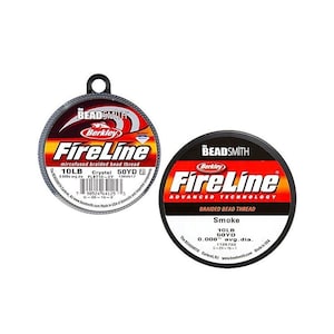 May include: Two spools of Berkley FireLine braided bead thread. The spool on the left is 10lb test, Crystal colour, and 50 yards. The spool on the right is 10lb test, Smoke colour, and 50 yards.