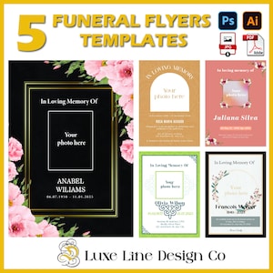 Invitación a funeral / 5 plantillas personalizables para volantes de servicio conmemorativo / Programa digital para conmemoración y celebración