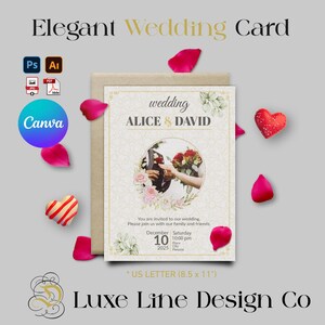 Modelo de convite de cartão de casamento elegante | Convite de casamento editável Canva | Convite de casamento moderno | AI, PSD, PDF | Download instantâneo
