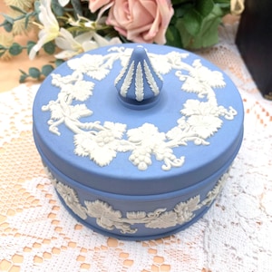 Vintage Wedgwood Jasperware Lidded Trinket Pot: Blue Grapevine Design, 1978