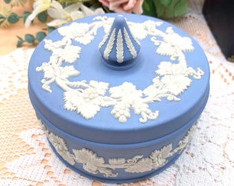 Vintage Wedgwood Jasperware Lidded Trinket Pot: Blue Grapevine Design, 1978