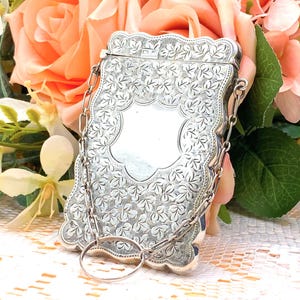 Antique 1913 Sterling Silver Card Case, Hallmarked Birmingham, Sterling George V, chatelaine chain Vacant Cartouche Floral etched Gift-boxed