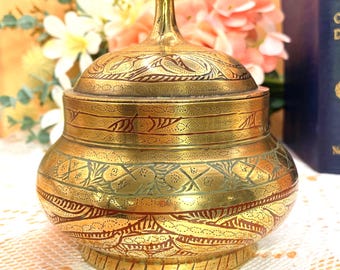 Vintage Hand-Etched Bronze Lidded Bowl: Indian Enamel Accent Decor