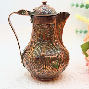 Antique Copper Jug: Repoussé Middle Eastern Pitcher, Boho Decor, C1900