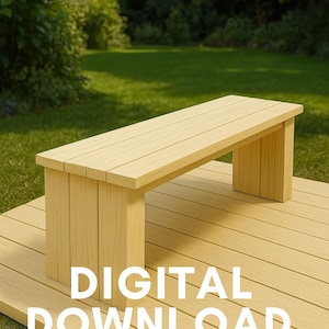 Puede incluir: Un banco de madera de color claro con asiento de listones y patas rectangulares. El banco está al aire libre sobre una terraza de madera, con el texto "DIGITAL DOWNLOAD" en blanco. El fondo presenta hierba verde y árboles.