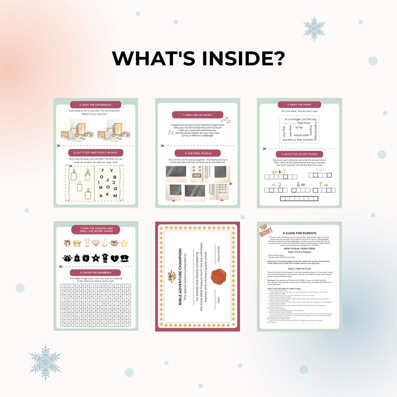 May include: A collection of activity sheets with the text "WHAT'S INSIDE?" includes puzzles, mazes, and a certificate. The sheets are decorated with snowflakes and feature various games and challenges for children.