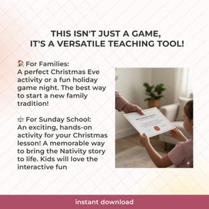 May include: A promotional image with text that reads "THIS ISN'T JUST A GAME, IT'S A VERSATILE TEACHING TOOL!" and "instant download". The image shows a person handing a certificate to a child. The text describes the product as a Christmas Eve activity or a fun holiday game night.