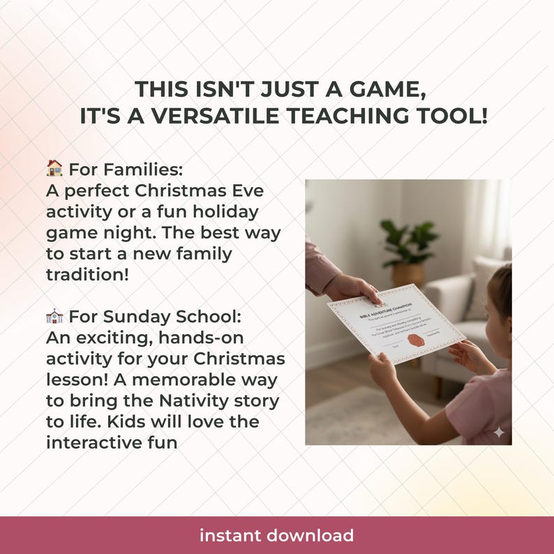May include: A promotional image with text that reads "THIS ISN'T JUST A GAME, IT'S A VERSATILE TEACHING TOOL!" and "instant download". The image shows a person handing a certificate to a child. The text describes the product as a Christmas Eve activity or a fun holiday game night.