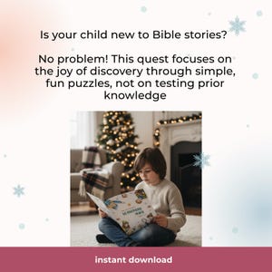 May include: A young person sits on a rug, reading a book with the title "Scavenger Hunt." The book is open, displaying colorful illustrations. Text above reads: "Is your child new to Bible stories?" and "instant download."