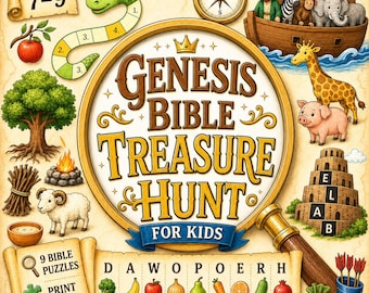 May include: A colorful illustration for a children's activity book titled "Genesis Bible Treasure Hunt for Kids." The image features a magnifying glass over the title, along with various biblical scenes, animals, and puzzles. The book is for ages 7-9.