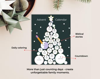 May include: Advent calendar with a Christmas tree design. The dark green background features white circles with numbers and biblical references. The text "Advent Calendar" is at the top, and the text "More than just counting days - create unforgettable family moments" is at the bottom.