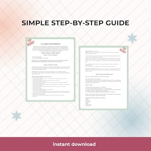 May include: Two-page guide with the text "SIMPLE STEP-BY-STEP GUIDE" at the top. The left page says "A GUIDE FOR PARENTS" and "HOW TO PLAY 3 EASY STEPS". The right page has the text "TOP SECRET". The bottom says "instant download".