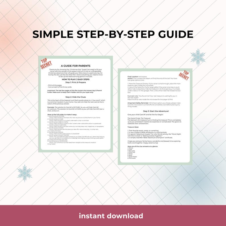 May include: Two-page guide with the text "SIMPLE STEP-BY-STEP GUIDE" at the top. The left page says "A GUIDE FOR PARENTS" and "HOW TO PLAY 3 EASY STEPS". The right page has the text "TOP SECRET". The bottom says "instant download".