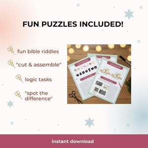 May include: Three printed puzzle sheets with various activities, including fun bible riddles, cut and assemble, logic tasks, and spot the difference. The text "FUN PUZZLES INCLUDED!" is at the top, and "instant download" is at the bottom.