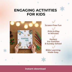 May include: A book titled "Scavenger Hunt" with illustrations of children, pencils, and scissors on a wooden surface. The text reads "Engaging Activities for Kids," "Screen-Free Fun," and "Instant Download."