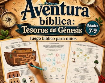May include: A vintage-style educational game titled "Aventura Bíblica: Tesoros del Génesis" for ages 7-9. The image features a wooden background with a compass, magnifying glass, and printed activity sheets with illustrations and text in Spanish.