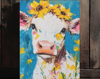 Impresión en lienzo de vaca y girasol / Animal de granja / Decoración de cabaña colorida / Decoración de cocina / Pintura peculiar / Arte moderno