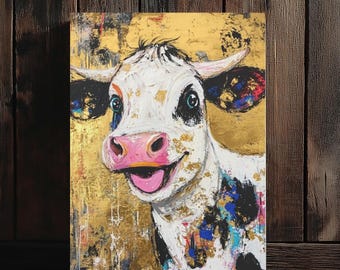 Cuadro de vaca feliz / Lienzo con arte de animales de granja coloridos, póster de decoración rústica para granero