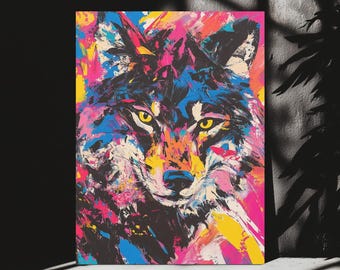Colorful Wolf Wall Art | Vibrant Abstract Wolf Canvas Print | Bold Animal Painting for Living Room | Modern Jungle Decor | Gift for Him, Her
